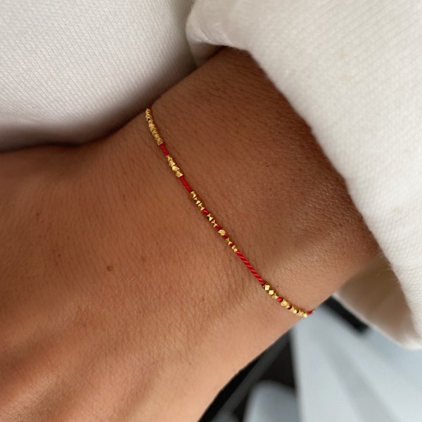 Pulsera de hilo de seda roja vermeil de oro de 24K, pulsera de protección y deseos, pulsera de amistad