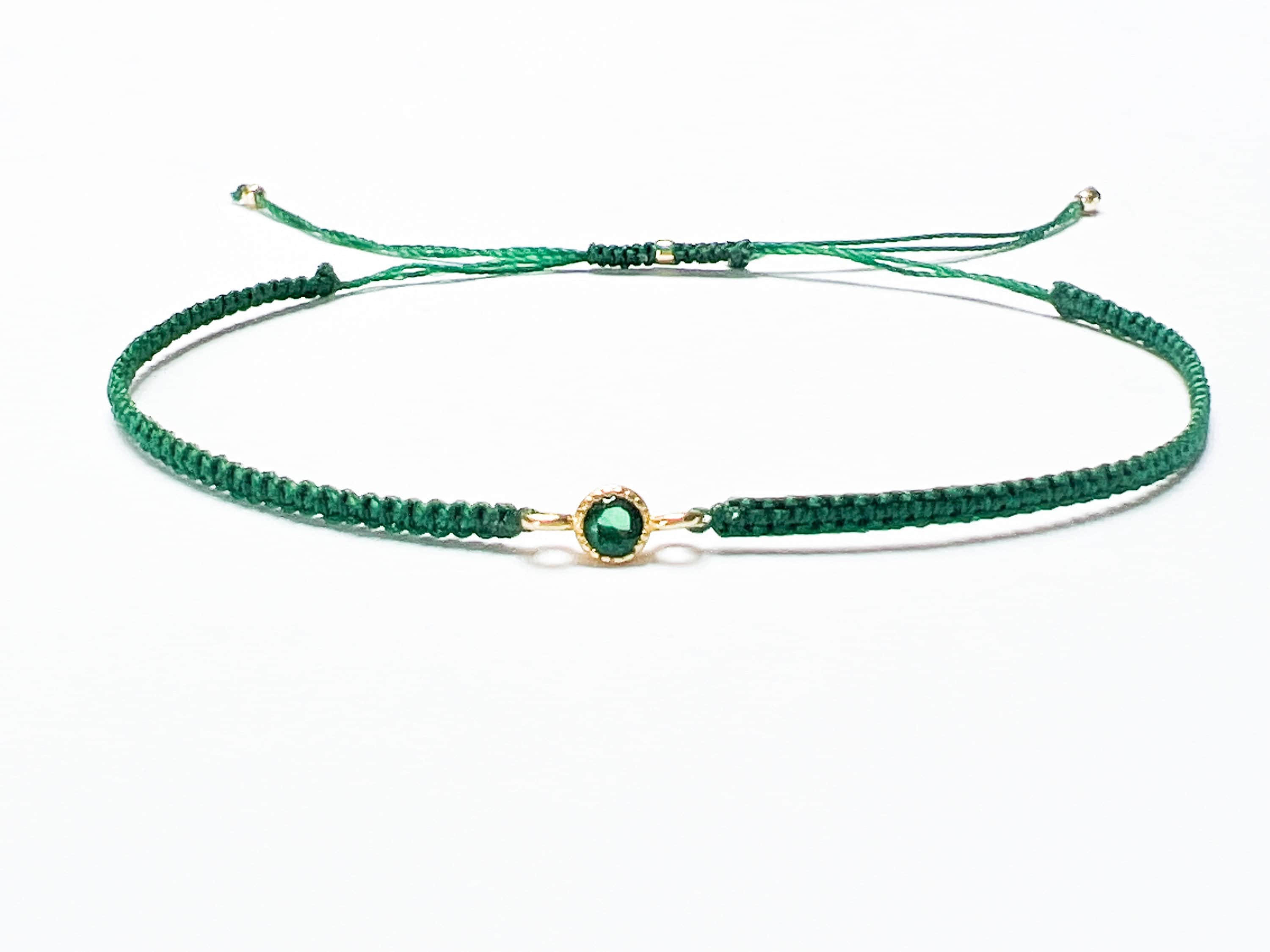 Emerald Green String Bracelet With Zircon Bead, Gold CZ Silk Emerald Green String Bracelet With Zircon Bead, Gold CZ Silk