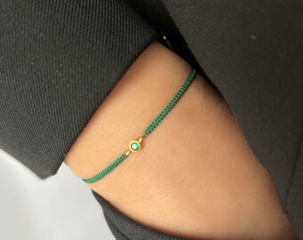 Emerald Green String Bracelet With Zircon Bead, Gold CZ Silk