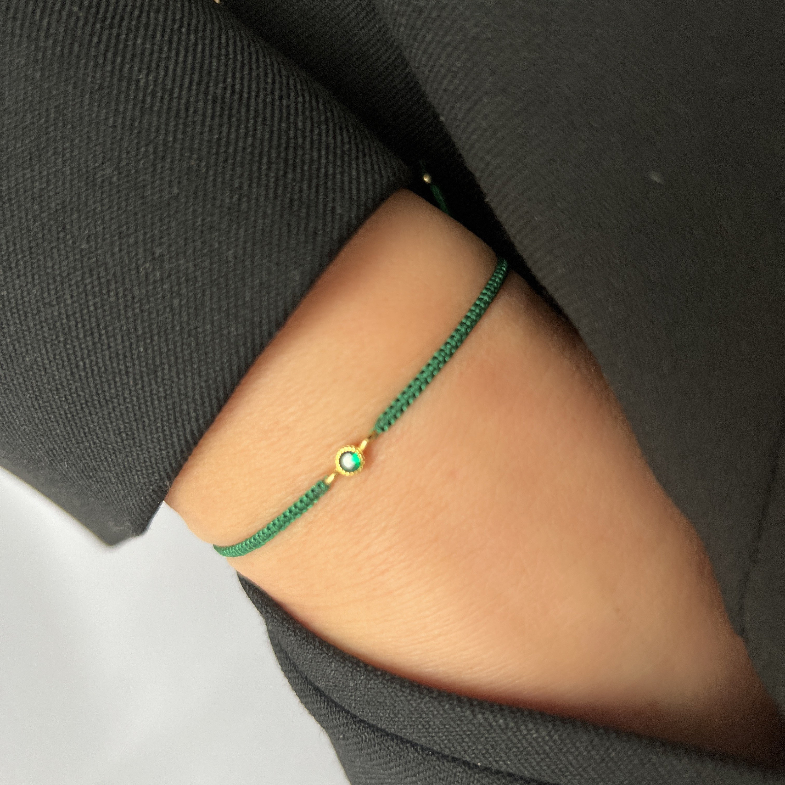 Emerald Green String Bracelet With Zircon Bead, Gold CZ Silk Emerald Green String Bracelet With Zircon Bead, Gold CZ Silk