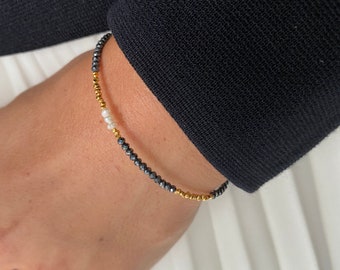 Black Spinel Bracelet: 24K Gold Vermeil, Tiny Gemstone Beads
