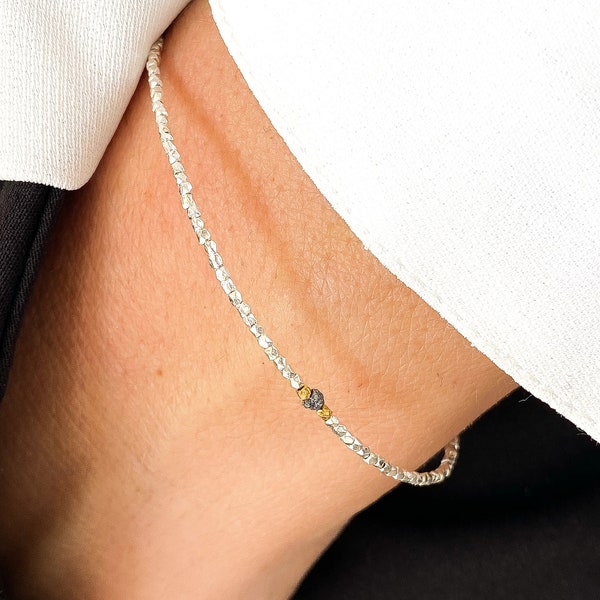 Raw diamond and sterling silver bracelet, Silver beads bracelet, Silver bracelet with raw diamond