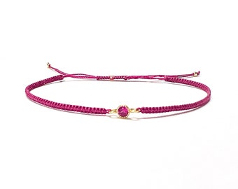 Pink silk string bracelet with zircon bead,  Gold CZ silk string bracelet, Delicate macramé bracelet