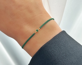 Emerald green string bracelet with zircon bead, Gold CZ silk string bracelet, Delicate macramé bracelet