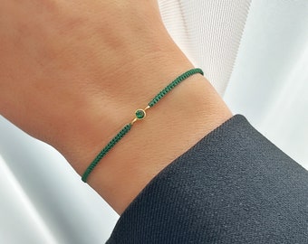 Emerald green string bracelet with zircon bead, Gold CZ silk string bracelet, Delicate macramé bracelet