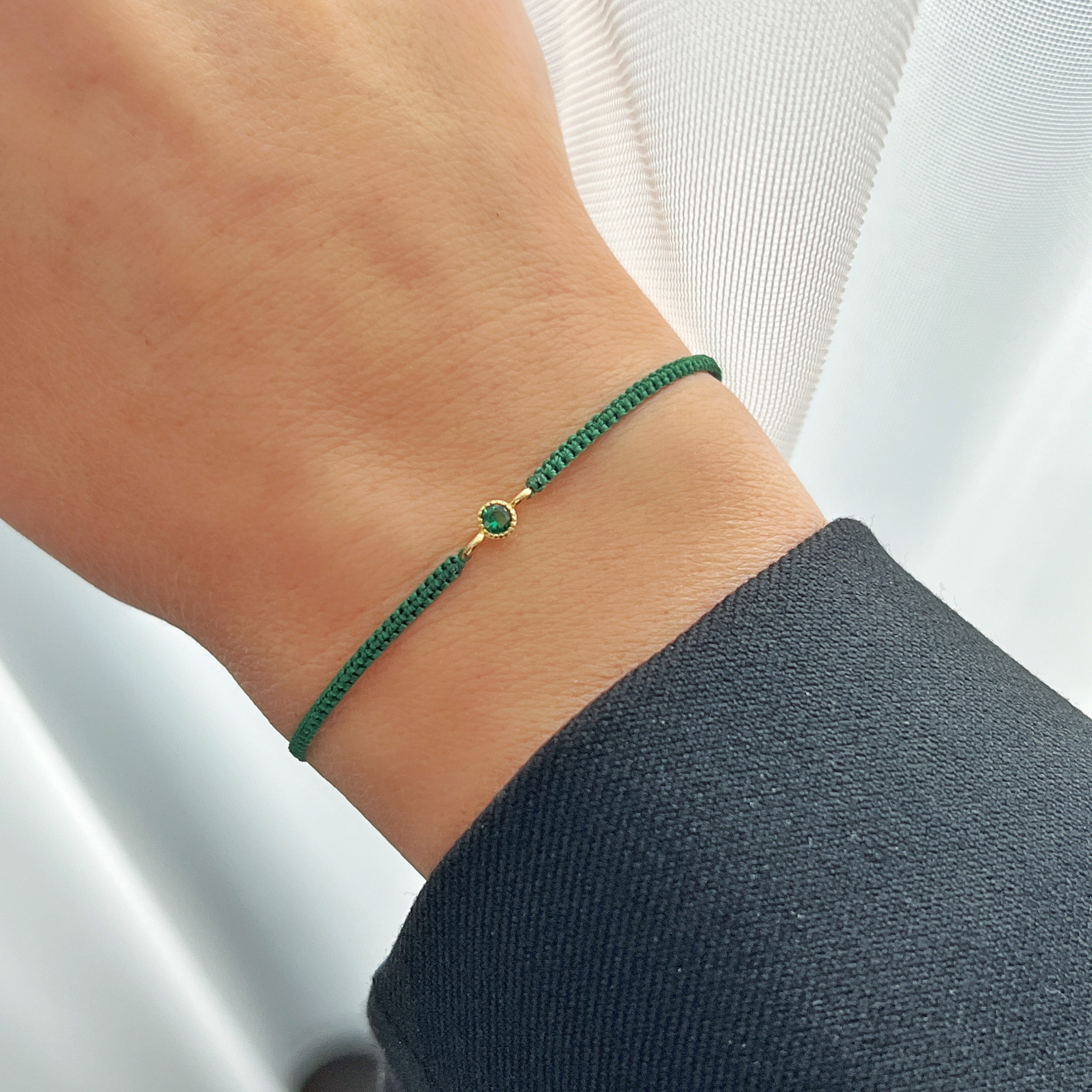 Emerald Green String Bracelet With Zircon Bead, Gold CZ Silk Emerald Green String Bracelet With Zircon Bead, Gold CZ Silk
