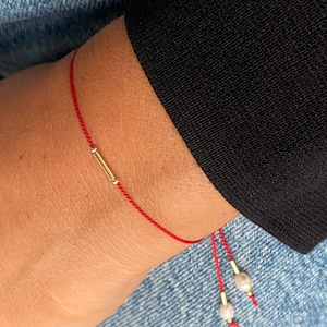 Delicate Red string bracelet, Silk string bracelet with pearls