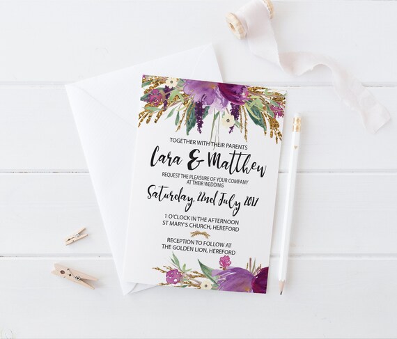 Floral Watercolour Wedding Invitation Sample Set Rsvp Poem Etsy