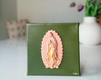 Handgemachte Jungfrau Maria Leinwand Kunst | Blattgold-Akzente, Mischtechnik-Malerei (6x6)