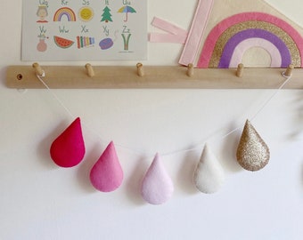 Pastel Pink & Glitter Felt Droplet Garland - Colourful Girl’s Bedroom Raindrop Decoration - Felt Drops Bunting - Baby Girl Nursery Decor