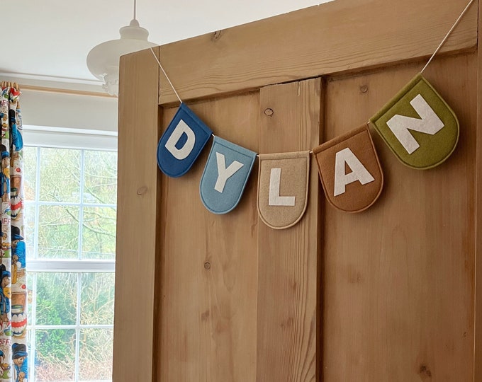 Large Boho Personalised Felt Garland - Land & Sea Customised Nursery Decor Kids Room Decoration - Blue, Brown, Green Felt Flag Name Bunting