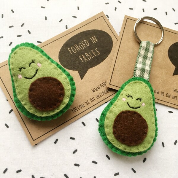 Felt Avocado Brooch, Magnet or Keyring - Let’s Avo Cuddle Pin Badge or Keychain - Avocado Plush Fridge Magnet - Made by Forged in Fables