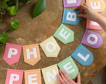 Large Pastel Rainbow Felt Name Garland - Custom Personalised Name Bunting - Vegan Felt Flag Nursery Decor - Cute Baby Kids Room Decoration