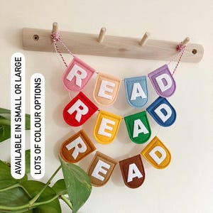READ Bunting - Colourful Felt Garland - Book Case Shelf Decor - Gifts For Kids - Rainbow Kid’s Room Peg Rail Reading Corner Decoration