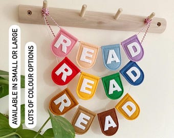 READ Bunting - Colourful Felt Garland - Book Case Shelf Decor - Gifts For Kids - Rainbow Kid’s Room Peg Rail Reading Corner Decoration