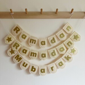 Eid Mubarak Ramadan Gold Glitter on Ivory Garland - Gold & Black Ramadan Decor - Gold Glitter Personalised Bunting Felt Garland - Name Flag