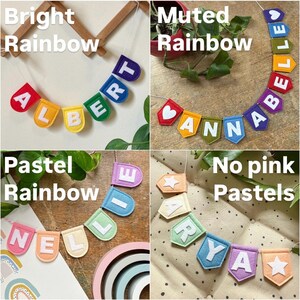 Puede incluir: Cuatro pancartas de fieltro con diferentes esquemas de colores y nombres: Albert, Annabelle, Ellie y Arya. Las pancartas est&aacute;n hechas de fieltro y tienen un esquema de colores arco&iacute;ris. Las pancartas est&aacute;n colgadas de una cuerda.