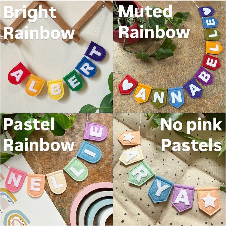 Puede incluir: Cuatro pancartas de fieltro con diferentes esquemas de colores y nombres: Albert, Annabelle, Ellie y Arya. Las pancartas est&aacute;n hechas de fieltro y tienen un esquema de colores arco&iacute;ris. Las pancartas est&aacute;n colgadas de una cuerda.