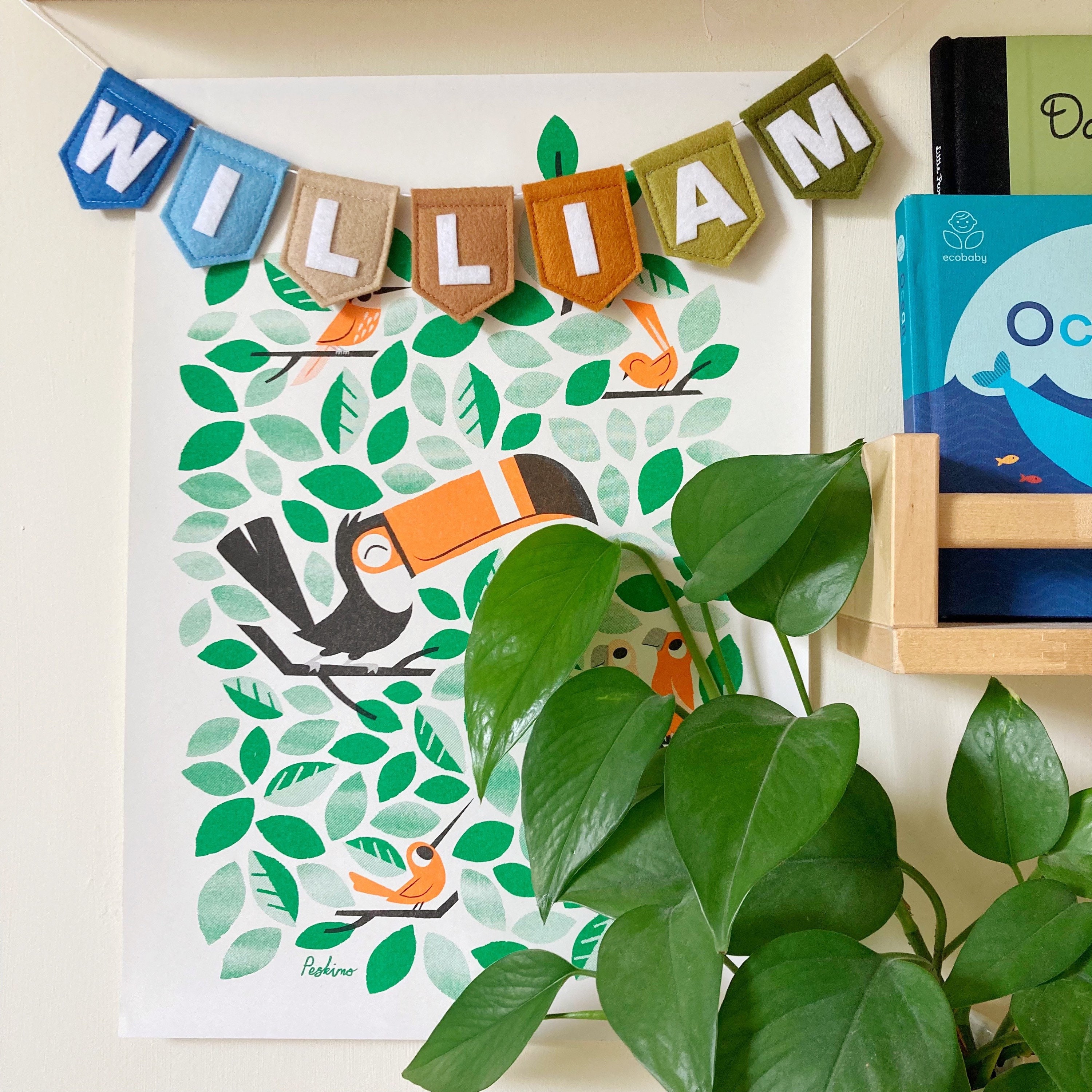 Boho Small Personalised Name Felt Bunting - Land & Sea Bunting - Felt Spearhead Flag Decor -Scandi Kids Room - Blue Green Brown Decoration