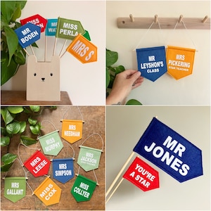 Regalo di fine trimestre - Mini bandiere, bandiera standard e striscione appeso Regalo personalizzato per insegnanti - Nome della scuola o dell'insegnante Decorazione per l'aula