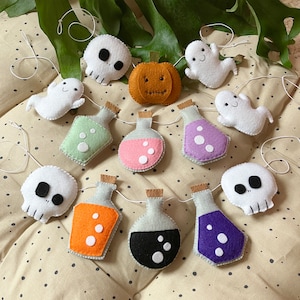 Cute Halloween Felt Decoration or Garland - Pumpkin, Ghost, Skull, Potion Bottle - Plush Boo Basket Bag Tag - Pastel Halloween Flay Lay Prop