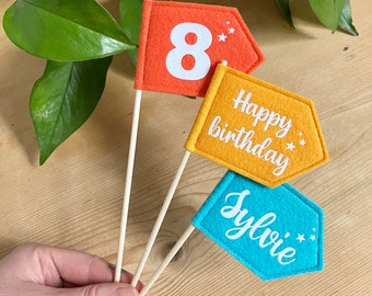 Happy Birthday Cake Topper - Personalised Mini Flag Decoration - Reusable Felt Children’s Party Decor - Celebration Keepsake - Age Number
