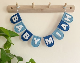 Felt Personalised Blue Bunting - Custom Name Garland - Scallop Flag Nursery Decor - Baby Boy Welcome To The World Gender Reveal Decoration