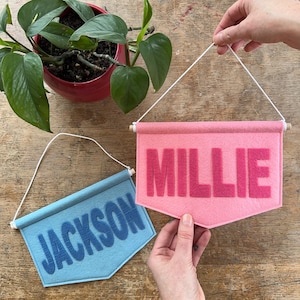 Könnte beinhalten: Zwei Filz-Wimpelbanner: eines in Rosa mit "MILLIE" in dunkleren rosa Buchstaben und eines in Hellblau mit "JACKSON" in dunkleren blauen Buchstaben. Jedes Banner hat einen Holzstab und eine weiße Schnur zum Aufhängen.