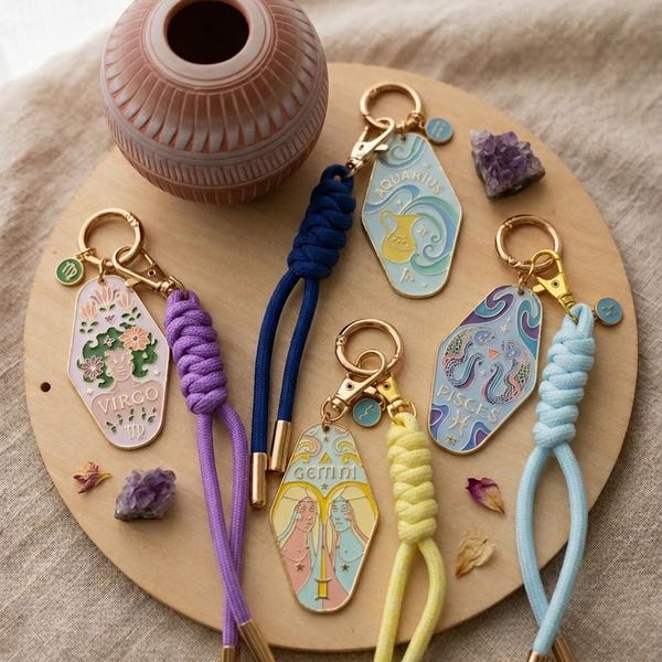 Retro Zodiac Enamel Motel Keychain & Braided Paracord Bag Charm Set