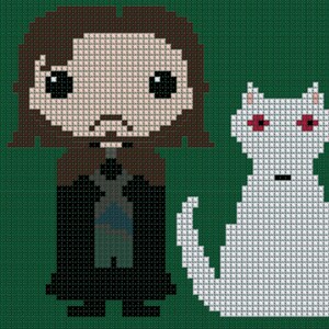 Könnte beinhalten: Eine Pixel-Art-Illustration eines Mannes mit braunen Haaren und einem schwarzen Umhang, der neben einer weißen Katze mit roten Augen steht.
