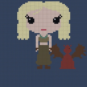 May include: A pixel art cross-stitch pattern of a blonde woman with a red dragon. The woman is wearing a brown top and skirt, and the dragon has brown wings.