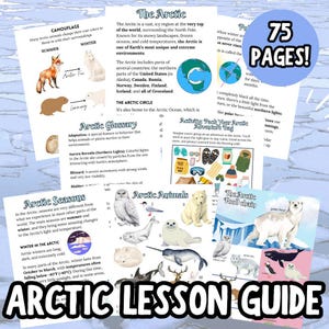 May include: A colourful illustrated guide to learning about the Arctic. The guide includes information about the Arctic Circle, animals, seasons, and food chain. The text includes the words "Arctic Lesson Guide" and "75 Pages!"