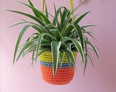 Hanging planter - orange, grey and mustard decor - indoor plant pot holder - crochet - cactus lover - cotton - vegan - gift for gardener