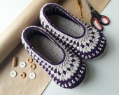 Häkeln für Erwachsene Hausschuhe - lila und grau - Damen Hausschuhe - unisex Pantoffel Socken - vegane Hausschuhe - Retro - bequem