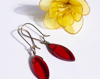 Oval Marquis Red Glass Drop Earrings