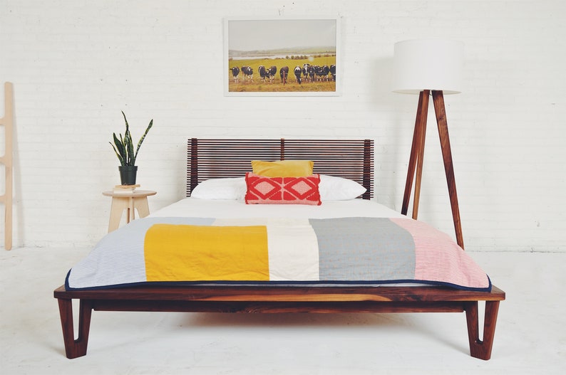 Mid Century Modern Platform Bed Wood Headboard Walnut Image 0