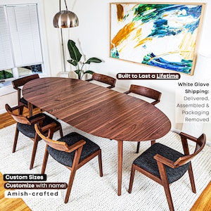 Sustainable Expandable Dining Table,Mid-century Dining Table,Walnut Dining Table Extendable Dining,Amish Made Custom Solid Wood Dining Table