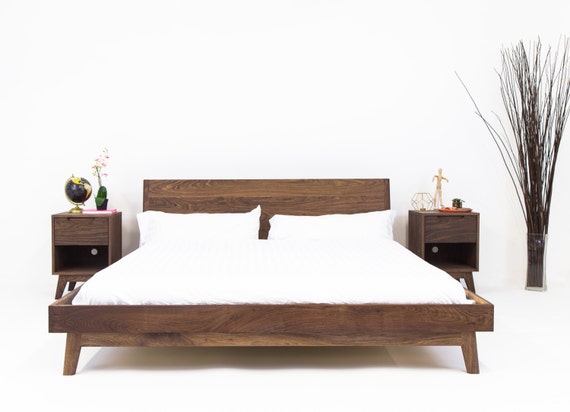 Walnut Platform Bed Frame Mid Century Modern Bed Wood Bed Etsy