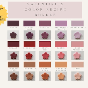 May include: A color chart with 15 different shades of polymer clay, organized in three rows of five colors each. The colors are named in the top row, and the bottom row shows a small flower-shaped sample of each color. The colors range from deep purple to light pink.