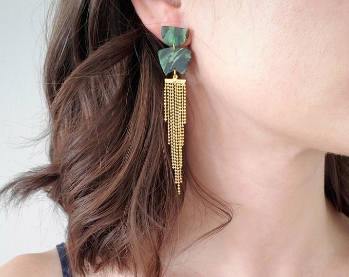 Jade Clay Gold Fringe Earring | Polymer Clay Earrings | Nephrite Jade | Holiday Earrings | Statement Earrings | Gifts For Her |