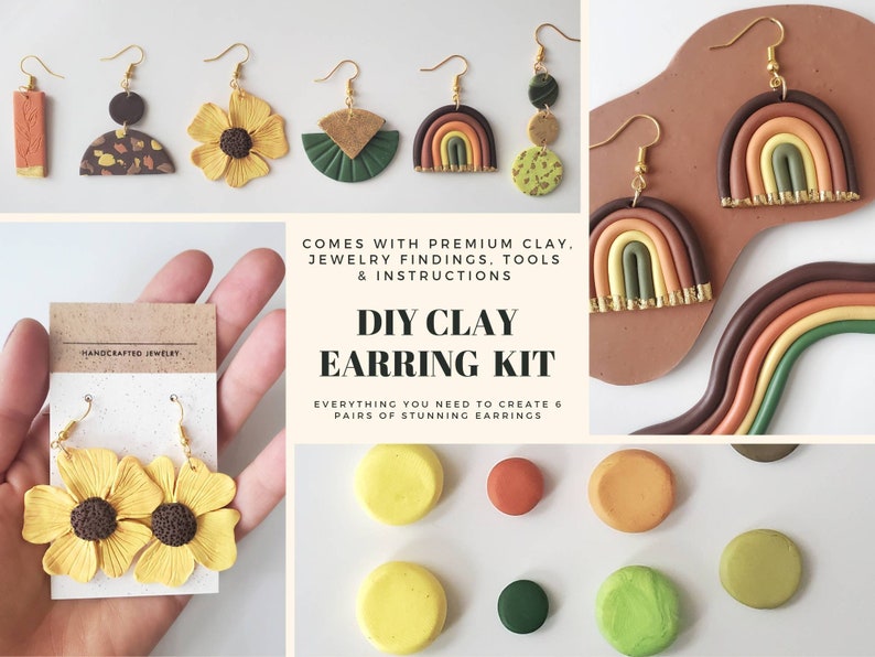 DIY Polymer Clay Earring Kit Earth Tones Sculpey Premo Fimo Findings Craft Kit Girls Night DIY Clay Earrings Makes 6 Pairs image 1