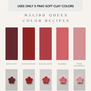May include: Five color swatches of Fimo clay in shades of red, pink, and burgundy. The colors are labeled "Royalty", "Rich Bitch", "Regal Kiss", "Barbie", and "Pink Princess".