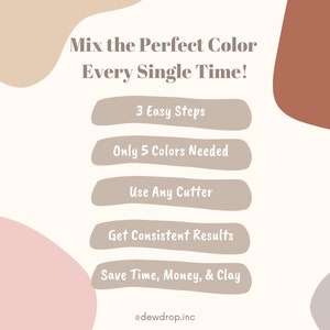 May include: A graphic with a white background and brown, pink, and grey shapes. The text "Mix the Perfect Color Every Single Time!" is at the top. Below the text are five buttons with the following text: "3 Easy Steps", "Only 5 Colours Needed", "Use Any Cutter", "Get Consistent Results", and "Save Time, Money, & Clay". The text "@dewdrop.inc" is at the bottom.