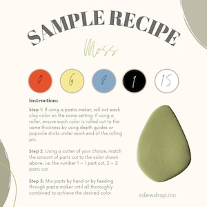 May include: A sample recipe for a green clay colour, with instructions on how to mix the different colours using a pasta maker or a cutter. The recipe uses five colours: red, yellow, blue, black, and white. The recipe also includes the amount of each colour needed to create the green colour.