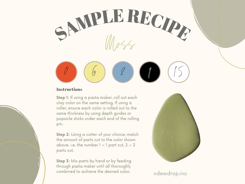 May include: A sample recipe for a green clay colour, with instructions on how to mix the different colours using a pasta maker or a cutter. The recipe uses five colours: red, yellow, blue, black, and white. The recipe also includes the amount of each colour needed to create the green colour.