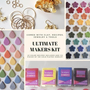 DIY Polymer Clay Earring Kit | Comes with Clay | 45 Color Recipes | 110 piece 18k gold plated Jewelry | Tools | Free International Shipping