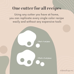 May include: A graphic illustration showing how to use one cutter to create different shapes and sizes of fondant for decorating cakes. The text reads "One cutter for all recipes. Using any cutter you have at home, you can replicate every single colour recipe easily and without any expensive tools. 1 Part = 1 cut piece. 2 Parts = 2 cut pieces. @dewdrop.inc"