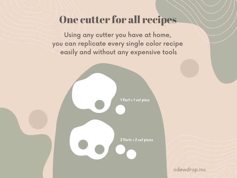 May include: A graphic illustration showing how to use one cutter to create different shapes and sizes of fondant for decorating cakes. The text reads "One cutter for all recipes. Using any cutter you have at home, you can replicate every single colour recipe easily and without any expensive tools. 1 Part = 1 cut piece. 2 Parts = 2 cut pieces. @dewdrop.inc"