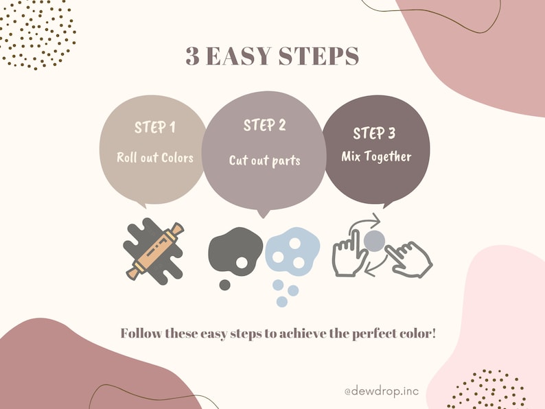May include: A graphic illustration showing three easy steps to mix colours. Step 1: Roll out colours. Step 2: Cut out parts. Step 3: Mix together. Follow these easy steps to achieve the perfect colour! @dewdrop.inc