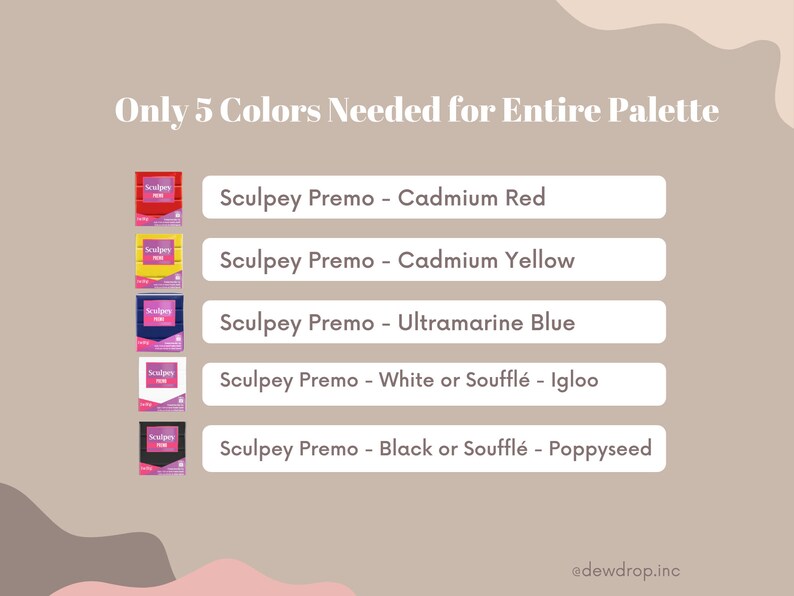 May include: Five small packs of Sculpey Premo modelling clay in the colours cadmium red, cadmium yellow, ultramarine blue, white, and black. The text "Only 5 Colors Needed for Entire Palette" is at the top of the image.